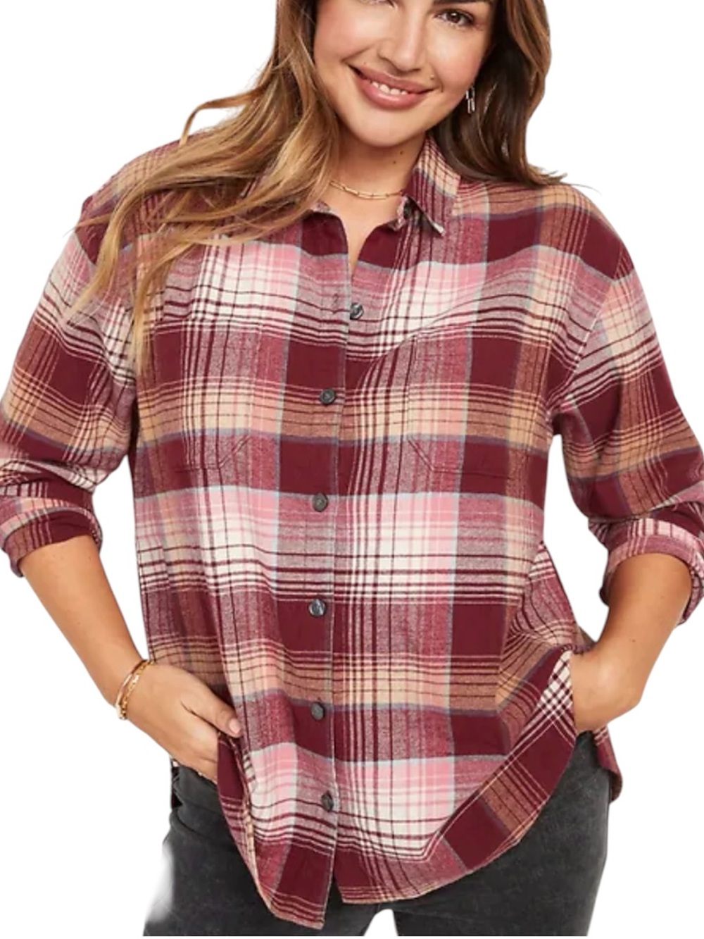 Old Navy Women’s Plaid Flannel Long Sleeve Button Down Boyfriend Shirt